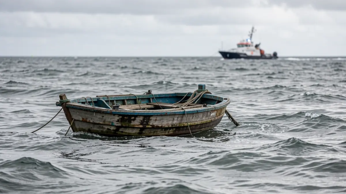 Image of a cayuco adrift on the open sea with waves and a cloudy sky, a rescue boat visible in the distance.
