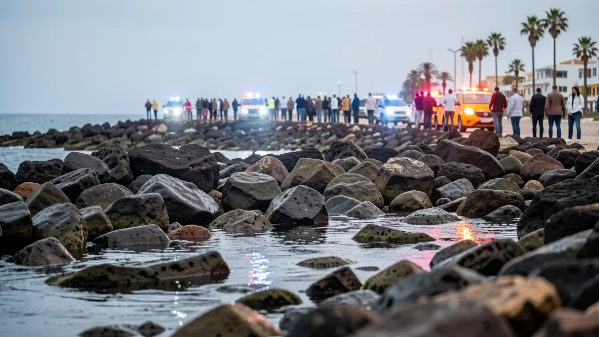 Generic image of a rocky area with blurred emergency lights.