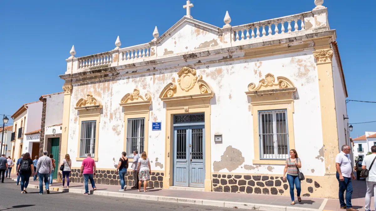 Facade of the Casa Luis Ramírez in La Caleta de Famara, Lanzarote, showing signs of pending restoration.