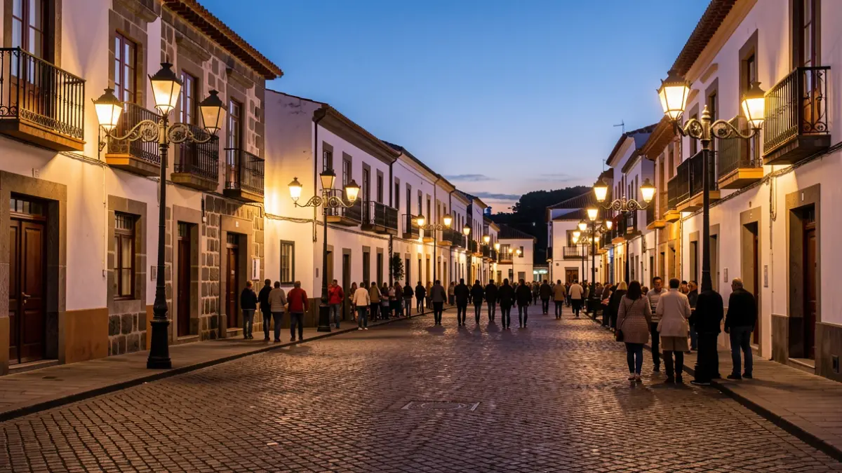Imagen genérica de una plaza de pueblo canario al atardecer con farolas y gente caminando.