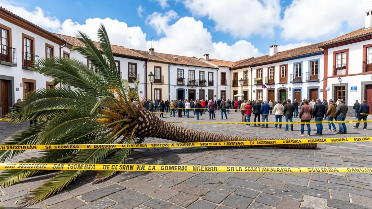 Fallen palm tree in Las Américas square in San Sebastián de La Gomera, with the area cordoned off for safety.