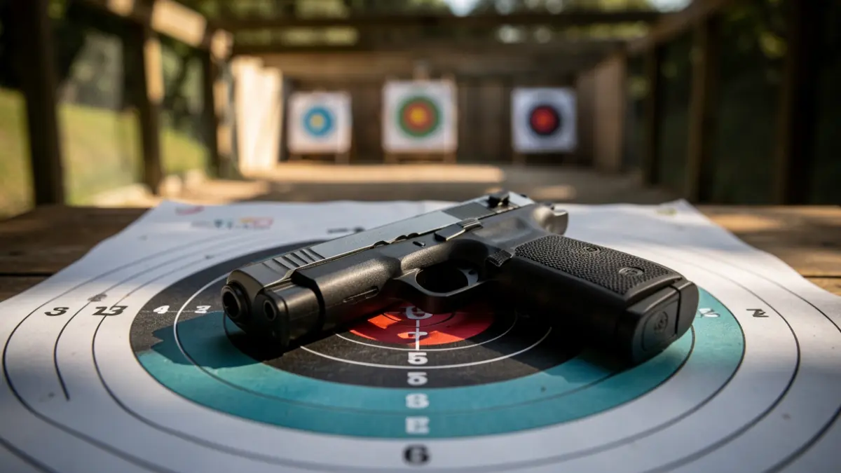 Close-up of a handgun on a shooting target with scoring zones, blurred shooting range background.