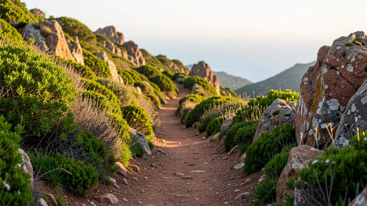 Sendero de montaña en Gran Canaria con vegetación y rocas, bajo la luz del atardecer.