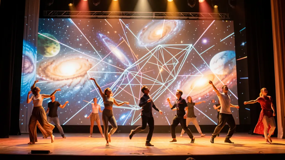 Image of a dance performance with abstract and celestial projections.