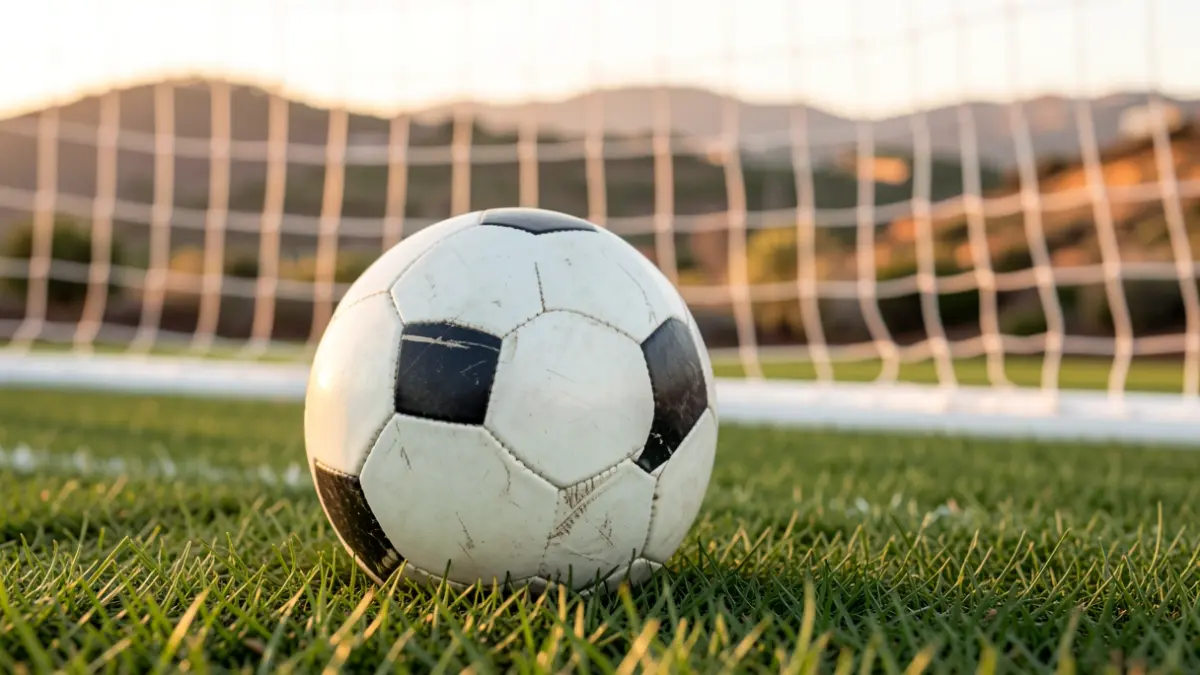 Generic image of a soccer ball on grass with a blurred goal net in the background.