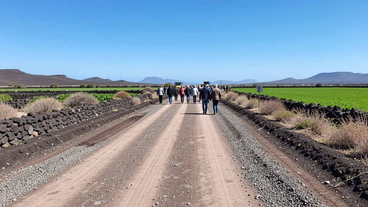 Rural road in San Bartolomé, Lanzarote, with volcanic landscape and green fields.