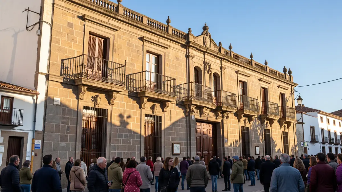 Facade of a traditional Canarian town hall with ornate balconies and iron railings, under warm afternoon light and a blue sky.