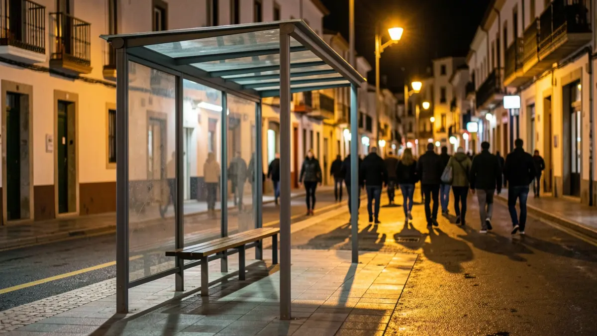 Generic image of an empty bus stop at night in a Canarias town.
