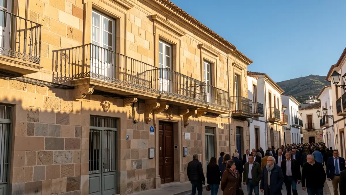 Facade of the San Miguel de Abona Town Hall with balcony and iron railings, afternoon sunlight, blue sky.