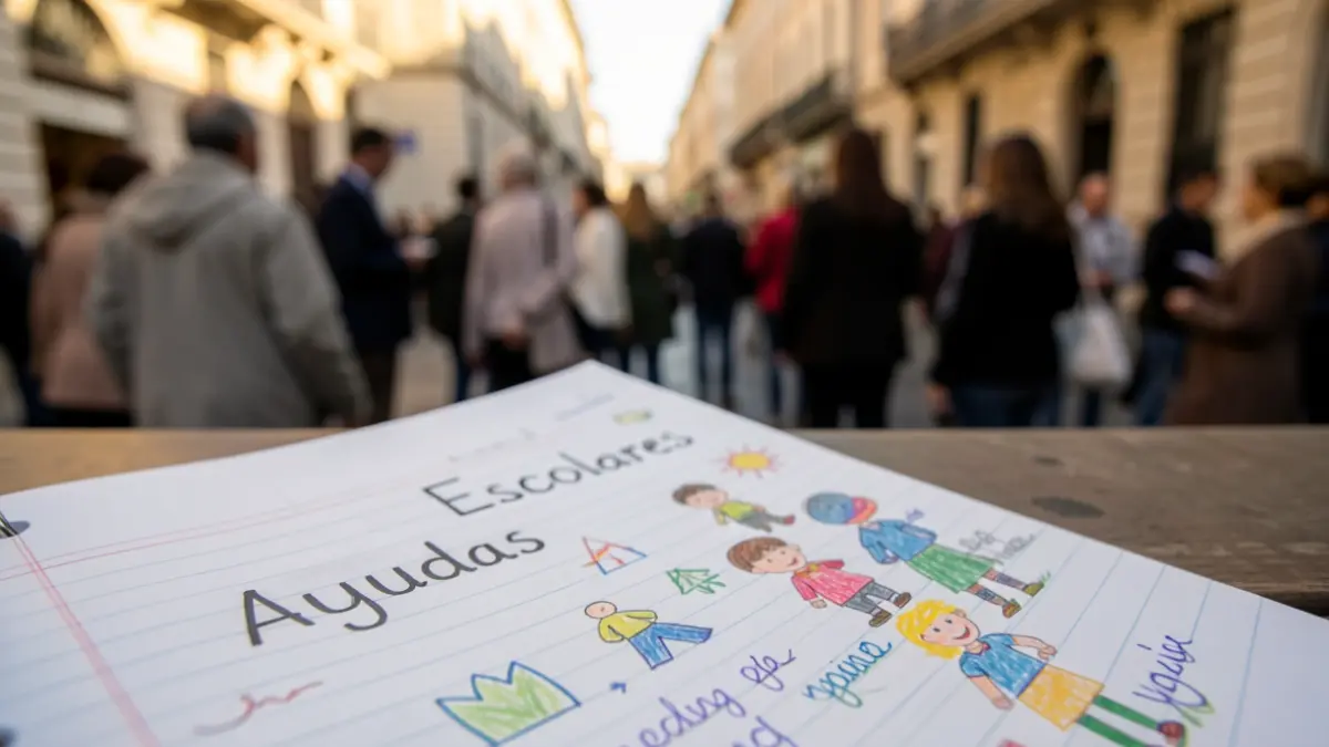 Imagen de un cuaderno escolar con dibujos y el texto 'Ayudas Escolares' desenfocado.