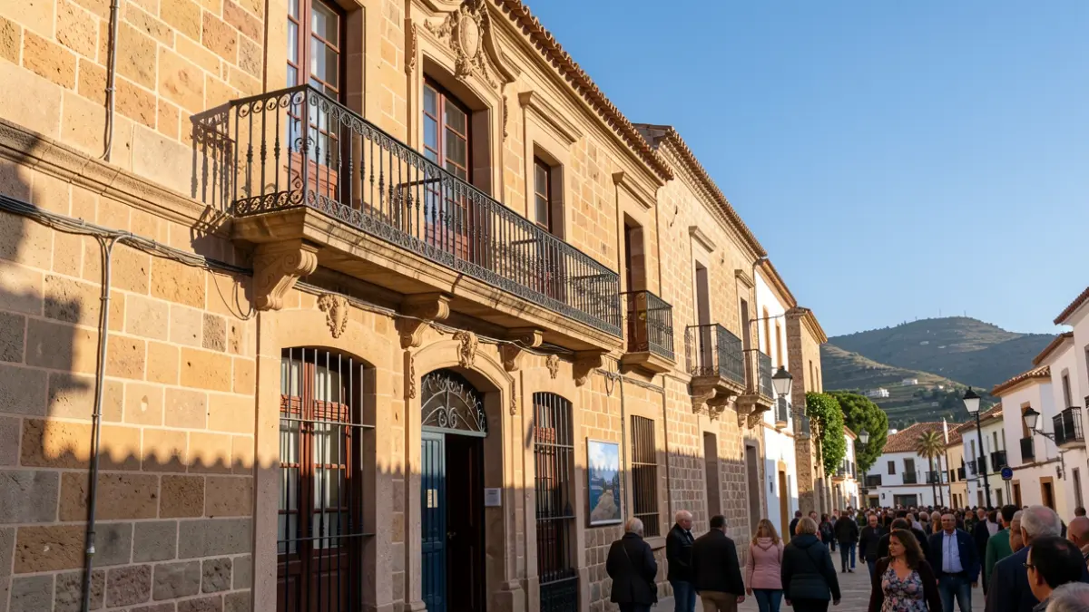 Facade of the San Sebastián de La Gomera City Hall with balcony and iron railings, afternoon sunlight.