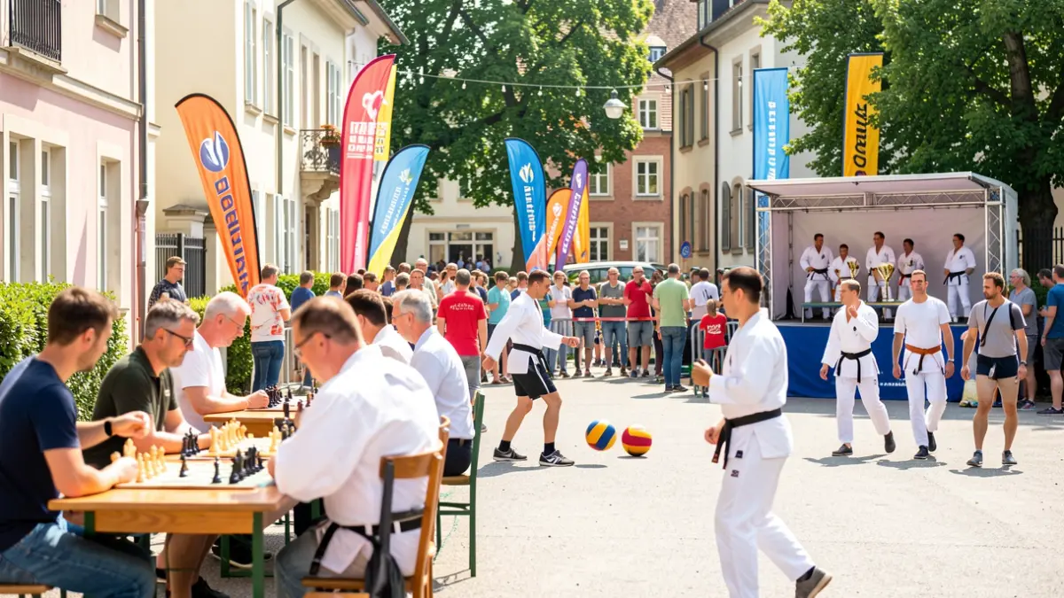 Generic image of a neighborhood sports and leisure event with various activities and trophy presentation.