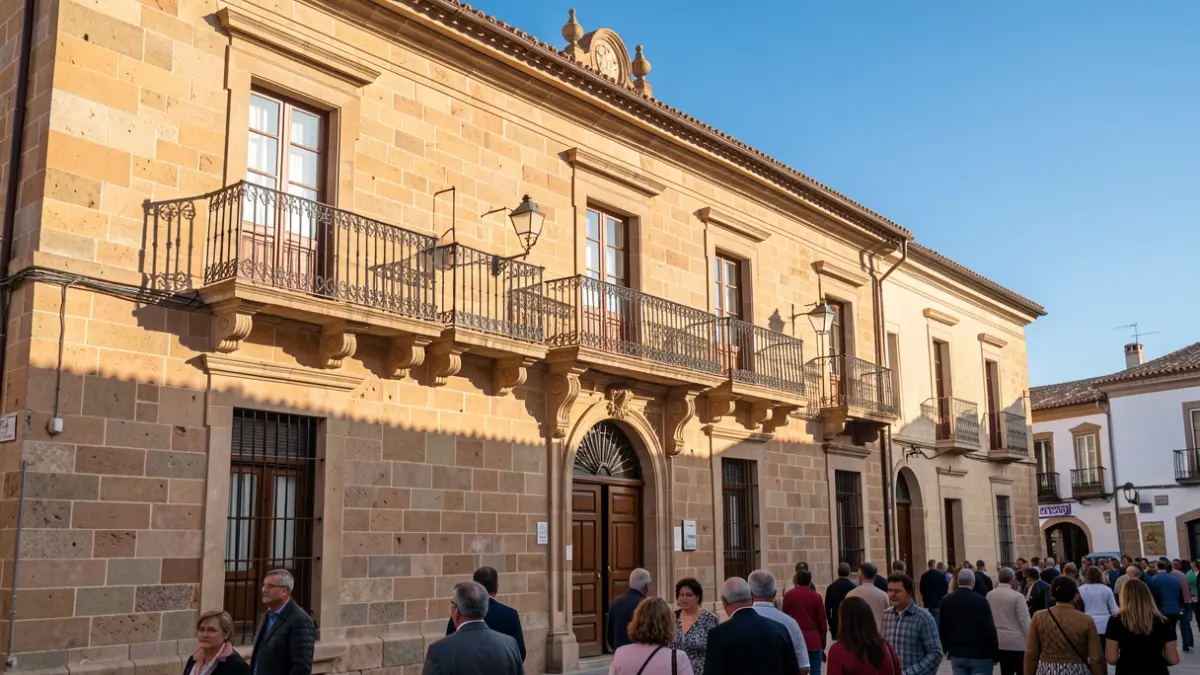 Fachada del Ayuntamiento de San Sebastián de La Gomera con balcón y barandillas de hierro, luz de sol de la tarde.