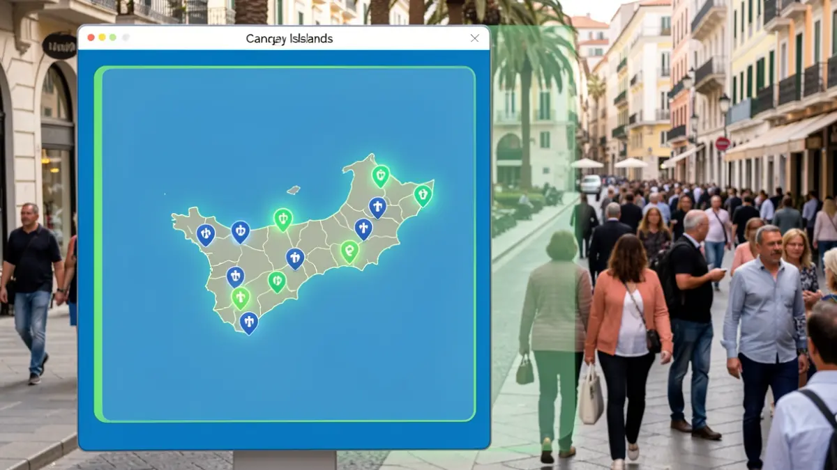 Mapa digital de Canarias con puntos que indican la ubicación de desfibriladores semiautomáticos y automáticos externos.