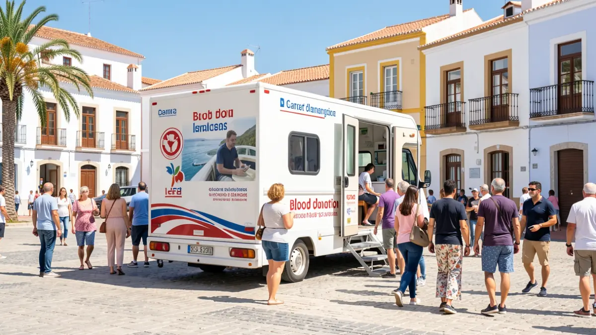 Blood donation mobile unit in a Canary Islands town square.
