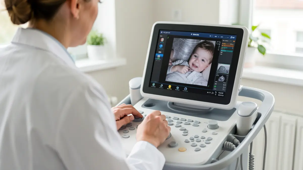 Healthcare professional using a portable ultrasound device for a pediatric scan.