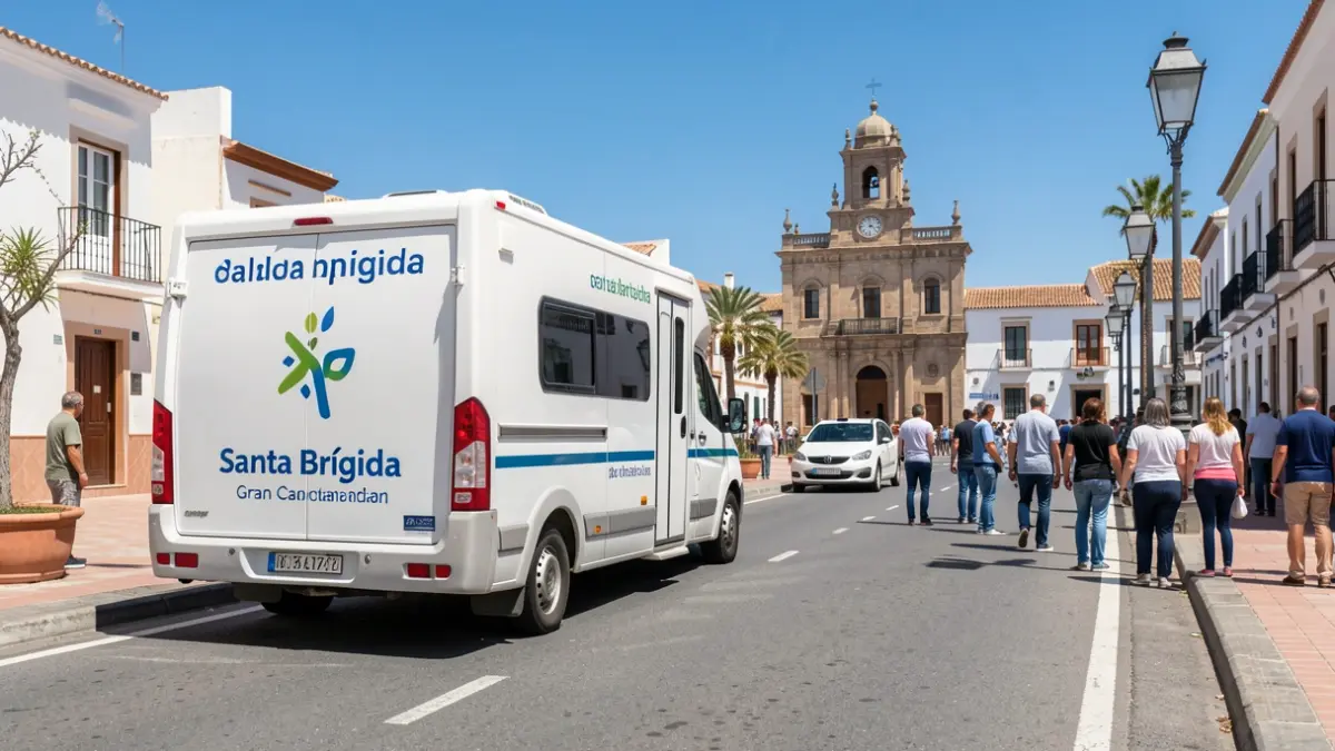 Unidad móvil de donación de sangre aparcada en la calle Nueva de Santa Brígida, Gran Canaria, cerca del Ayuntamiento.