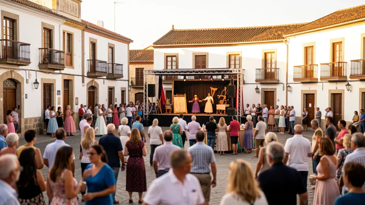 Plaza histórica de Canarias con arquitectura tradicional y un escenario para una obra de teatro.