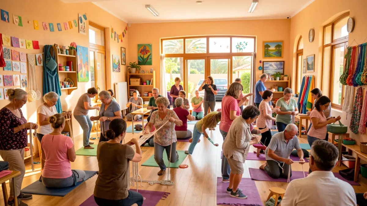 Image of community workshops in Santa Brígida with people of various ages participating in activities.