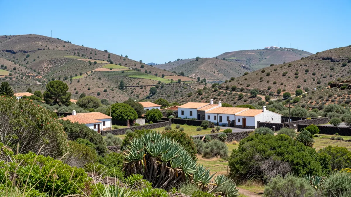Paisaje rural de Santa Brígida con arquitectura tradicional y vegetación.