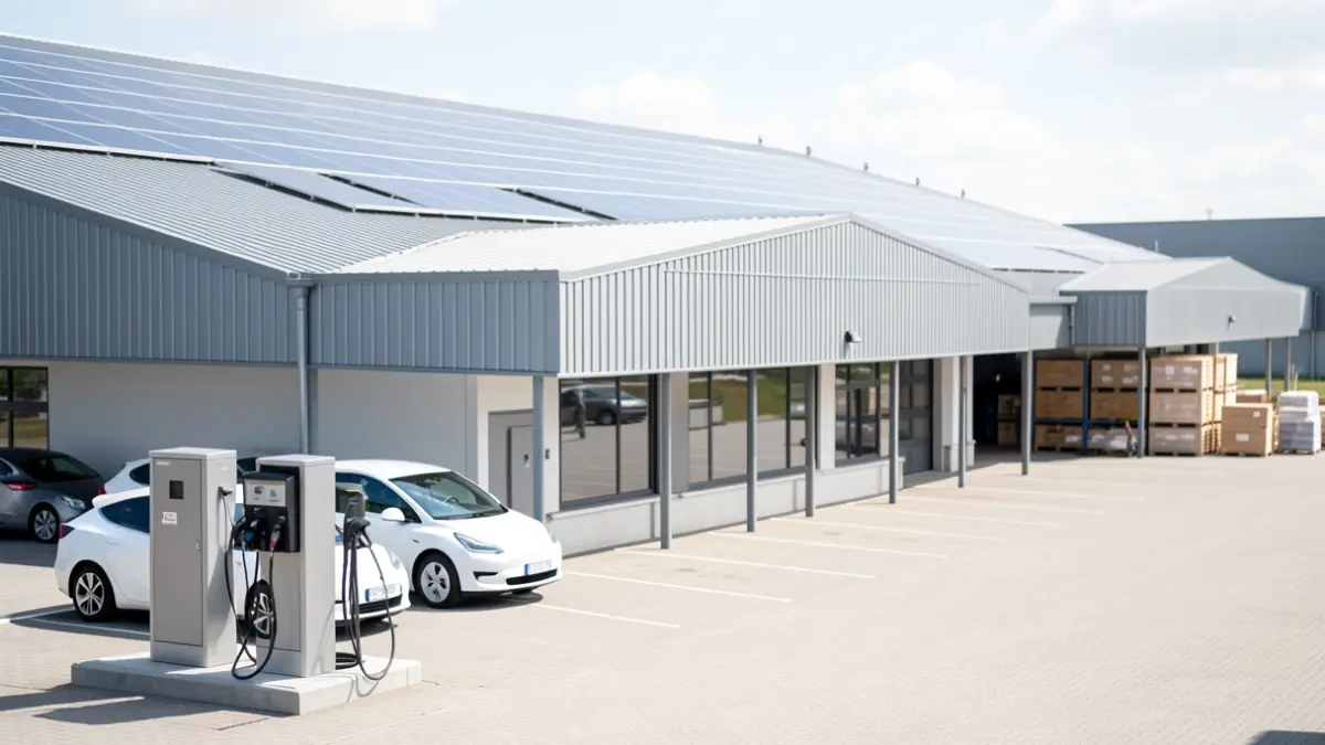 Imagen genérica de un almacén municipal modernizado con energía solar y punto de recarga.