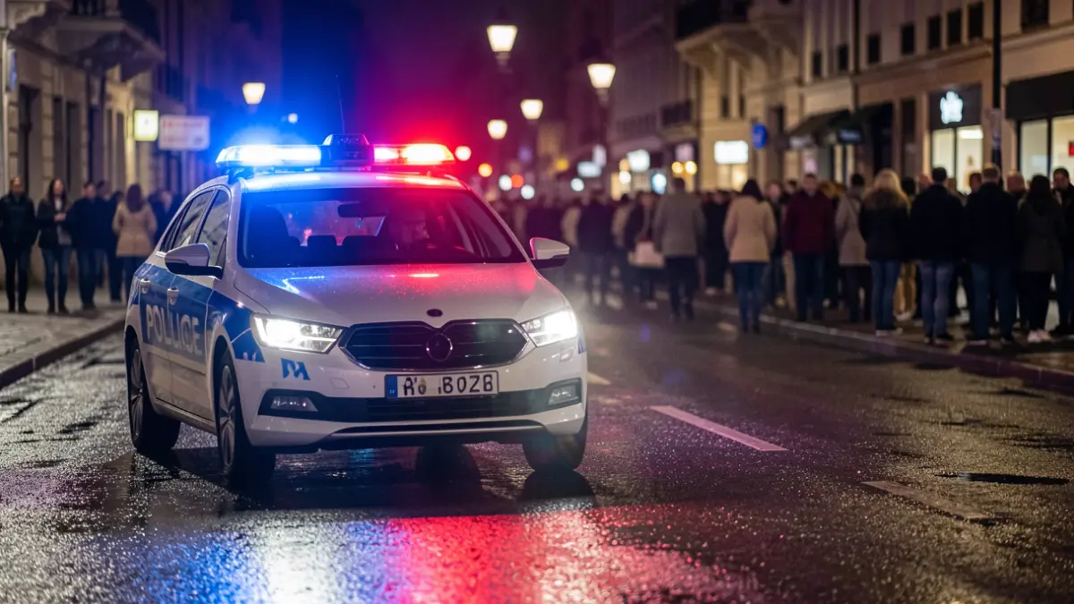 Imagen genérica de luces de emergencia policiales reflejándose en el asfalto mojado por la noche.