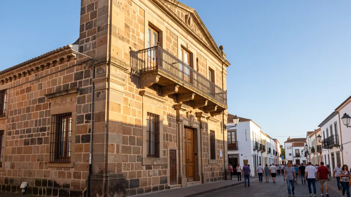 Fachada de un ayuntamiento tradicional de piedra en Canarias con balcón y barandillas de hierro, luz de sol de la tarde.