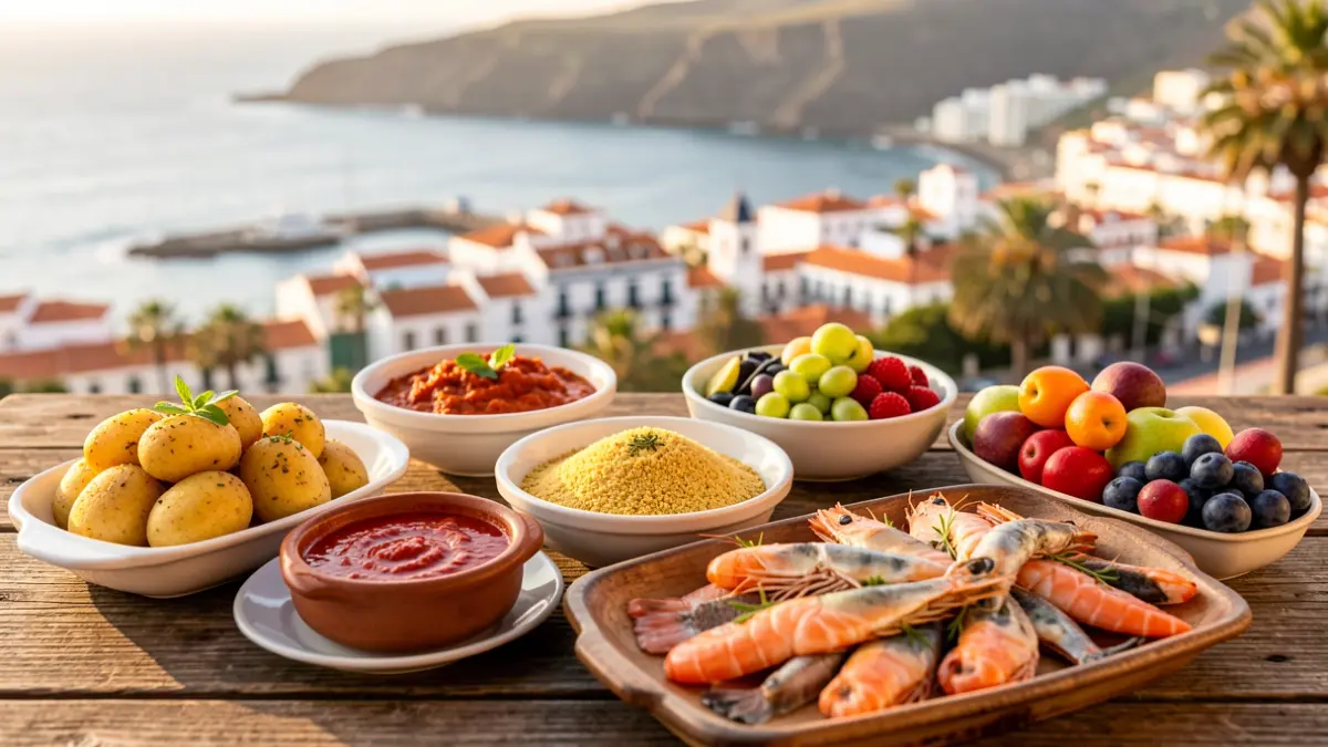 Image of various typical Canarian gastronomy dishes served on a table with the Santa Cruz de Tenerife skyline in the background.