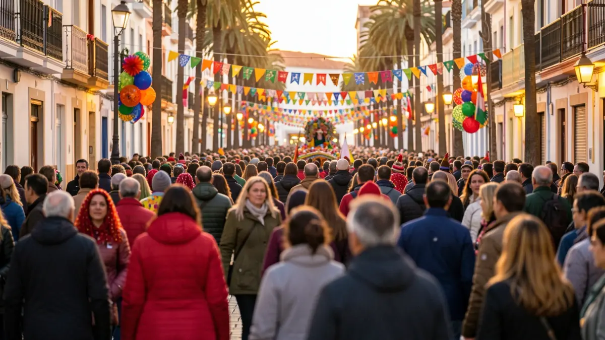 Generic image of a festive Carnival atmosphere in Santa Cruz de Tenerife with people and decorations.