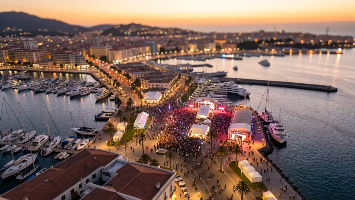 Aerial view of Santa Cruz de Tenerife's port and maritime avenue at dusk, with blurred city and harbor lights.