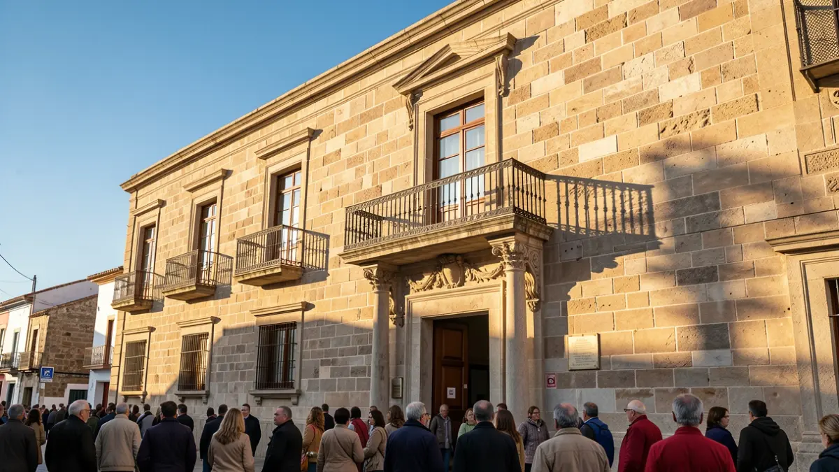 Fachada de un ayuntamiento canario con balcón y barandillas de hierro, bajo la luz del sol de la tarde.