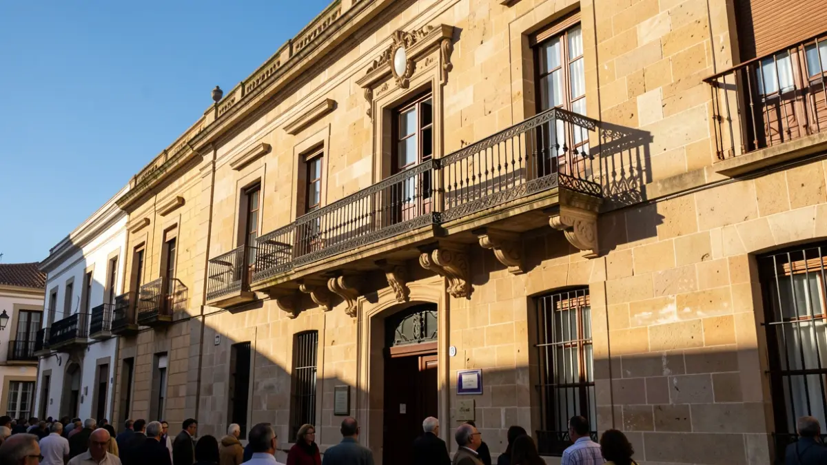 Stone facade of a Canarias town hall with ornate balcony and iron railings, warm afternoon sunlight.