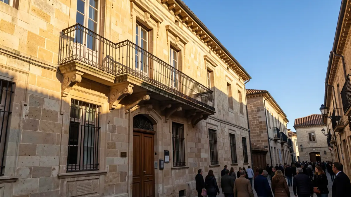 Fachada de un ayuntamiento tradicional de Canarias con balcón y barandillas de hierro, luz cálida de la tarde.