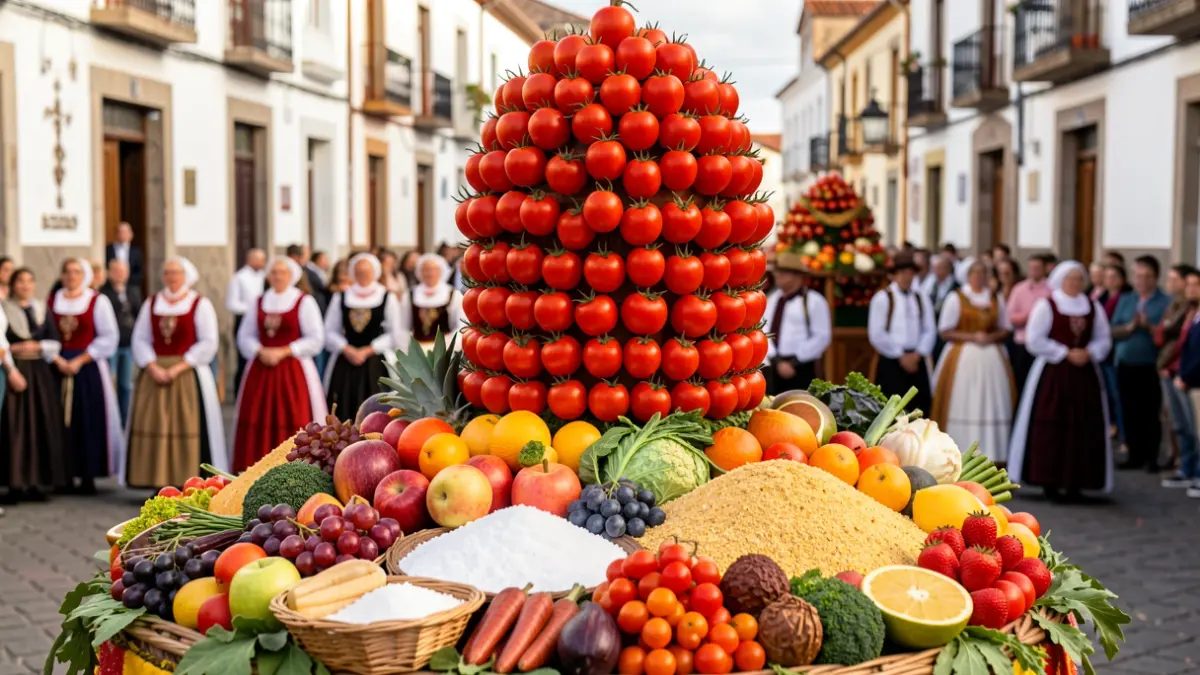 Carreta municipal de Santa Lucía de Tirajana decorada con tomates y productos locales en la Ofrenda Romería del Pino.