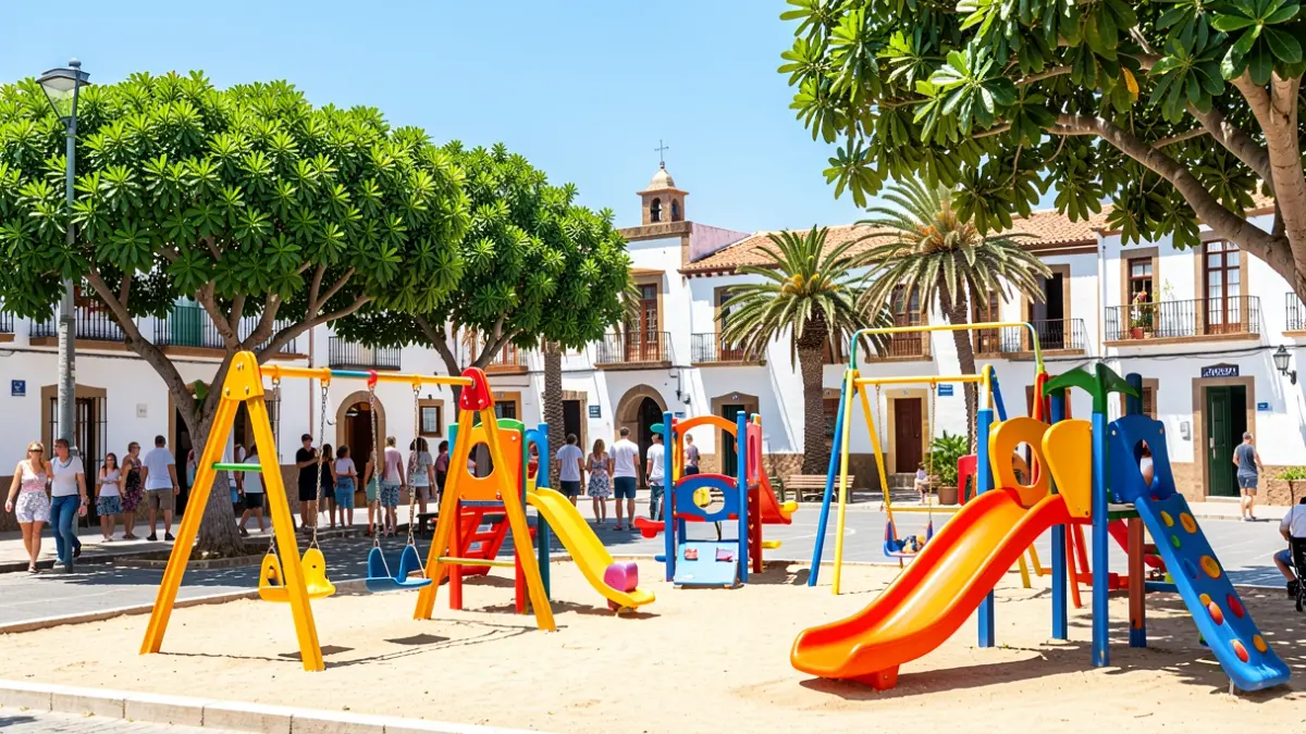 Imagen de un parque infantil renovado en la plaza de San Pablo, Santa María de Guía.
