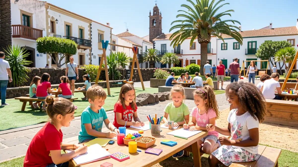 Niños y niñas disfrutando de actividades educativas y de ocio en un espacio seguro y adaptado en Santa Úrsula.