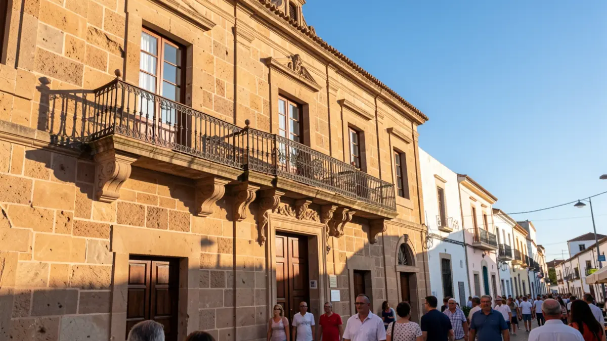 Fachada de un ayuntamiento tradicional de piedra en Canarias, con balcón y barandillas de hierro, bajo la luz del sol de la tarde.