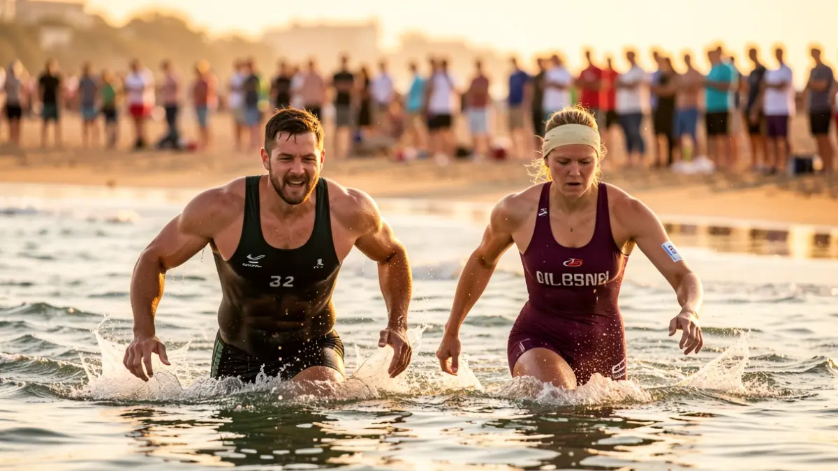 Imagen genérica de nadadores saliendo del agua tras una competición de natación en aguas abiertas al atardecer.