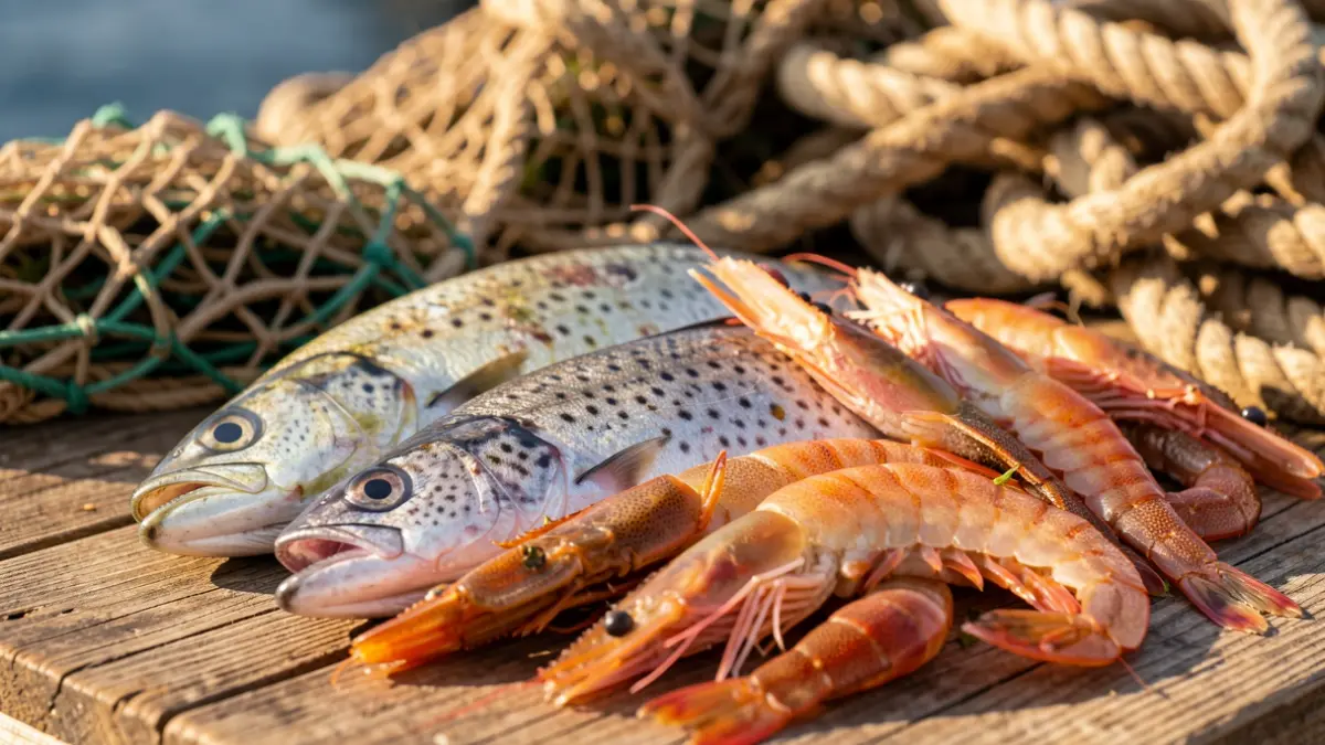 Close-up of fresh, colorful seafood on a rustic wooden table, with traditional fishing nets blurred in the background.