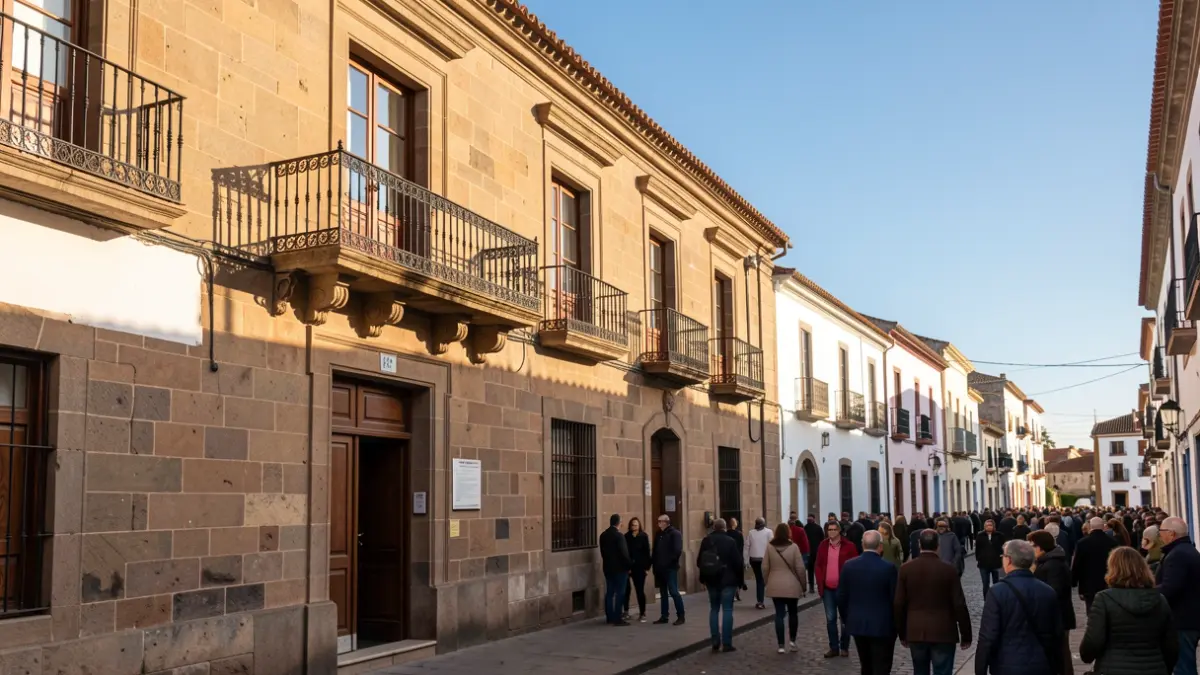 Fachada de un ayuntamiento tradicional canario con balcón y barandillas de hierro, bajo la luz del sol de la tarde.