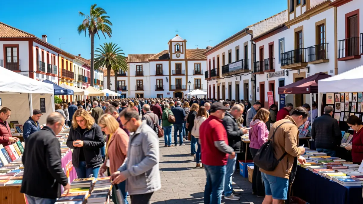 Image of the Santiago del Teide square during the 'Santiago de Letras' literary festival, with people and book stalls.