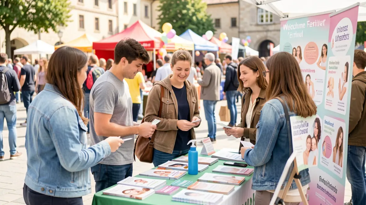 Imagen de un stand informativo sobre salud sexual en un festival universitario.