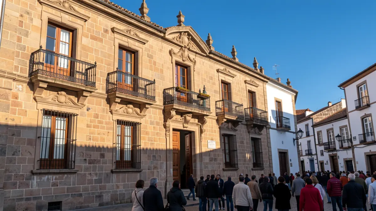 Facade of a traditional Canarian town hall with ornate balconies and iron railings, under warm afternoon light.