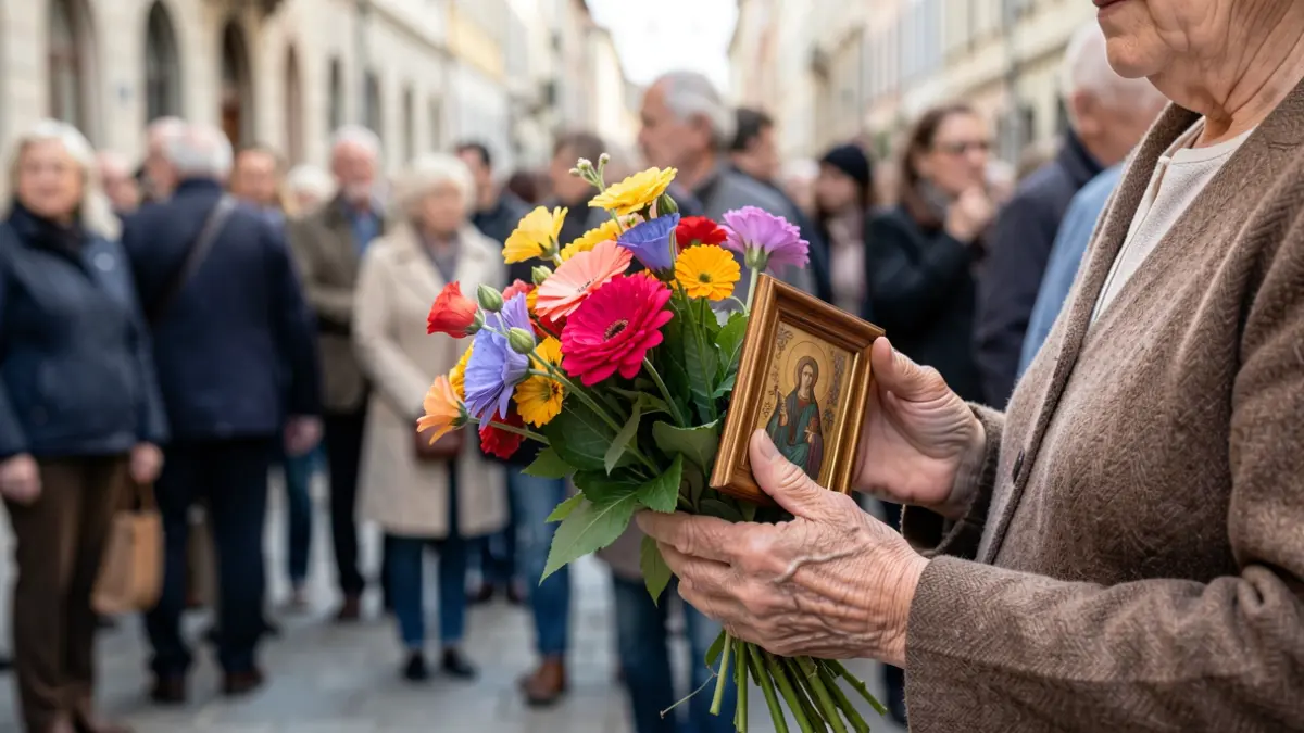 Hands of an elderly woman holding flowers and a painting of the patron saint of Tacoronte.