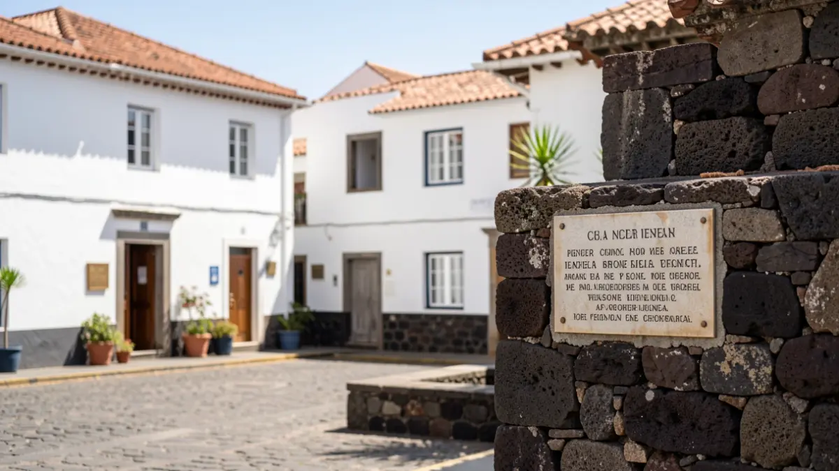Plaza pública en un pueblo canario con una placa conmemorativa.