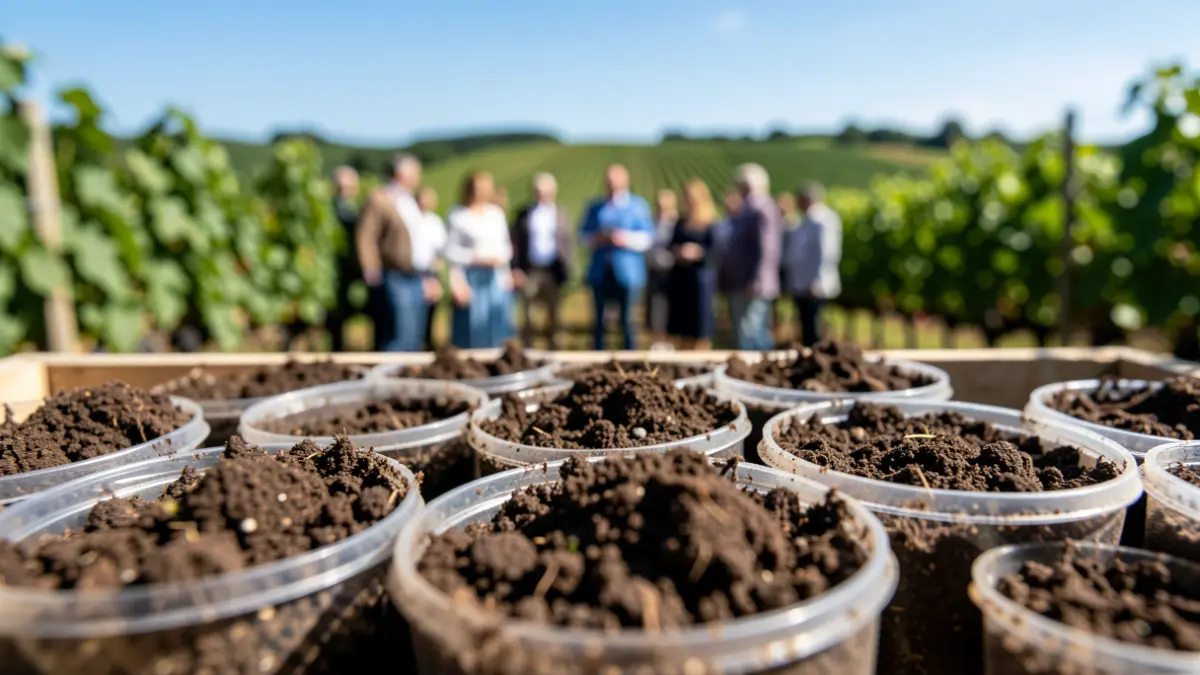 Muestras de suelo agrícola en recipientes para análisis, con viñedos y cielo azul al fondo.