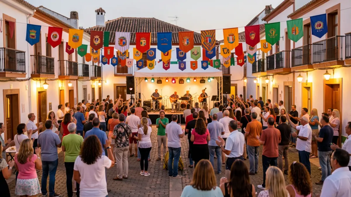 Plaza del Cristo de Tacoronte llena de gente durante las Fiestas Mayores, con ambiente festivo y luces.