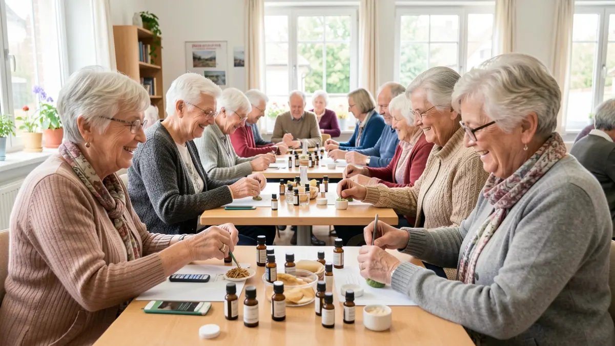 Image of senior citizens participating in a workshop to make essential oil roll-ons.