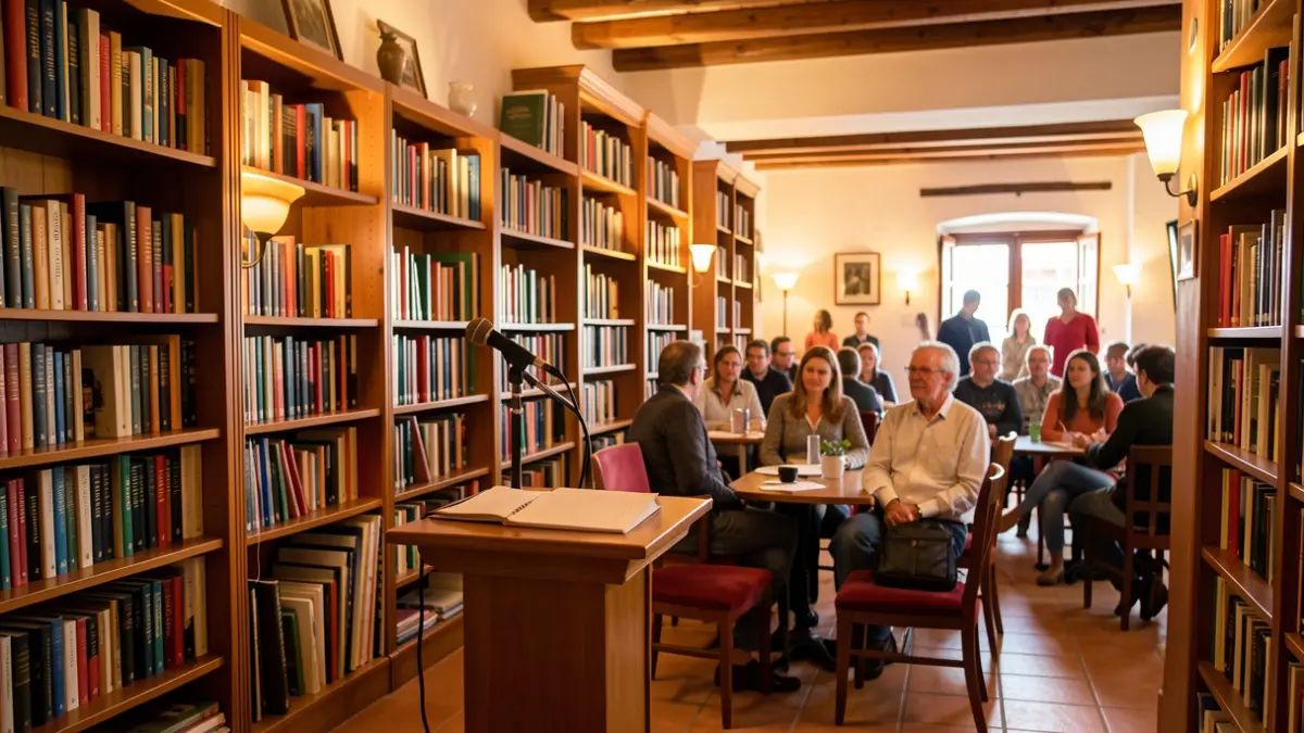 Imagen genérica de una biblioteca acogedora en Canarias, con estanterías llenas de libros y un atril preparado para un taller.