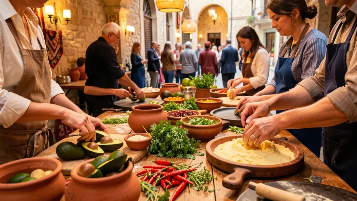 Taller de cocina mexicana con ingredientes frescos y manos preparando recetas tradicionales.